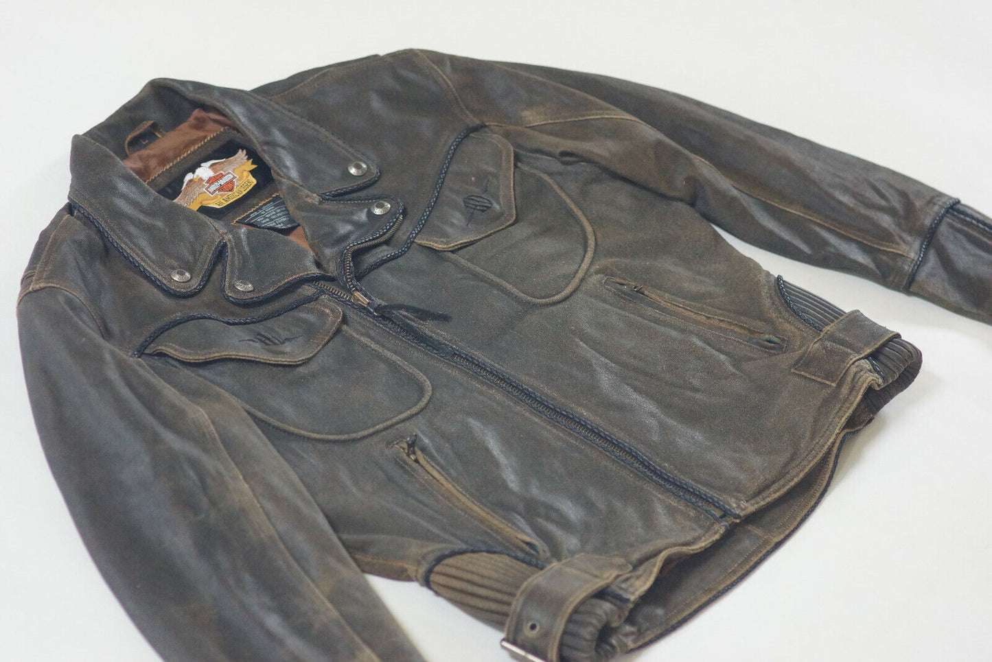 Harley Davidson Men's Billings Distressed Brown Leather Jacket Winged HD Logo Size Large