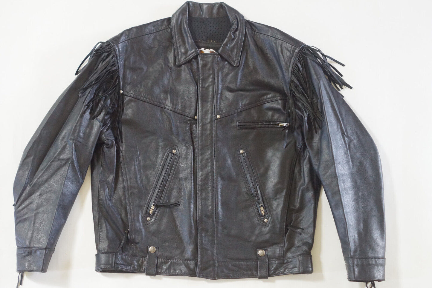 Harley Davidson Men's Made in USA Vintage Fringed Winged B&S Black Leather Jacket size Large