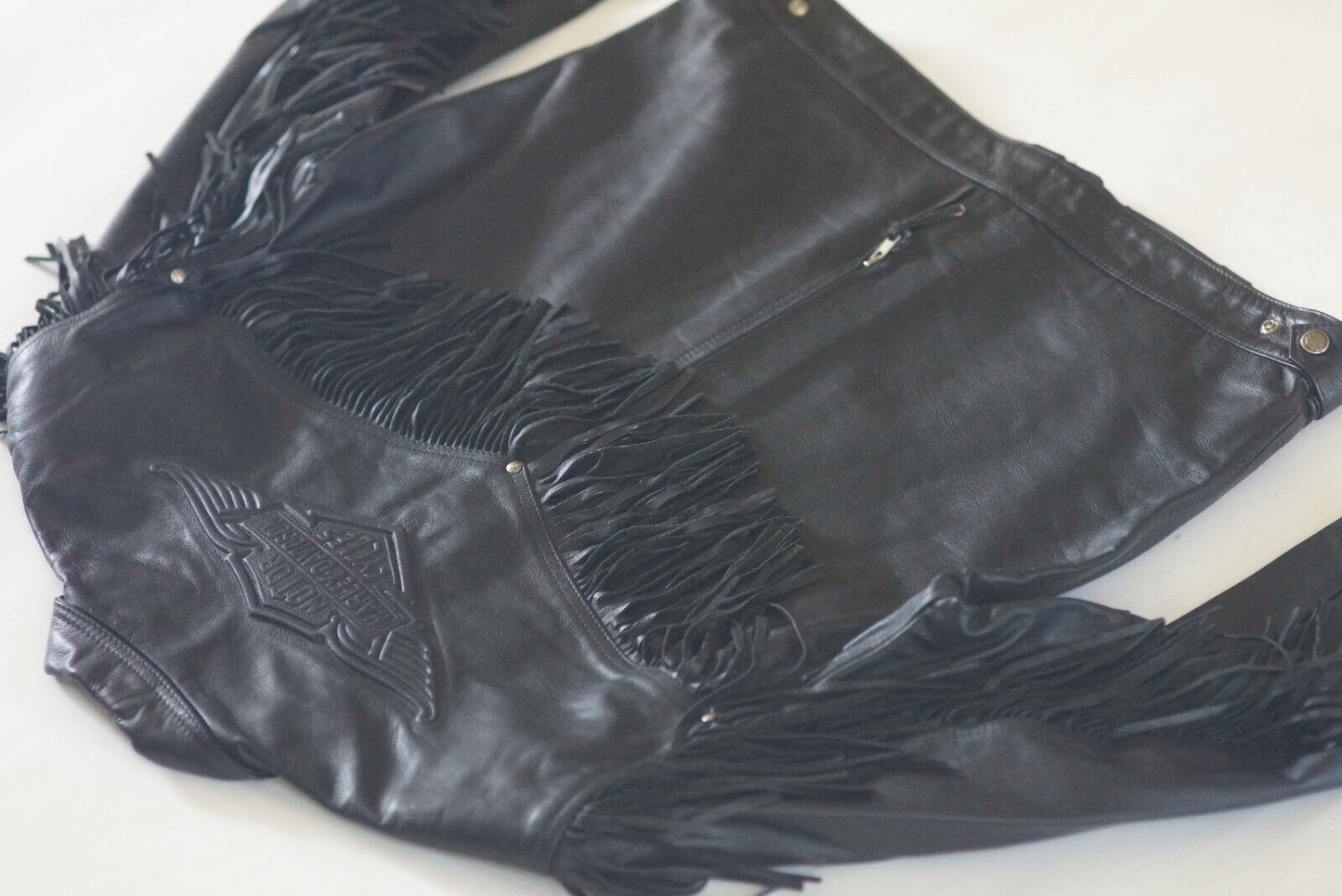 Harley Davidson Men's Made in USA Vintage Fringed Winged B&S Black Leather Jacket size Large