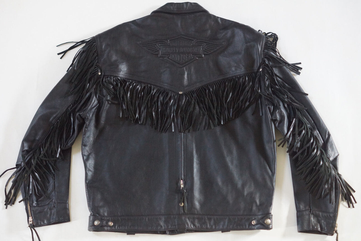 Harley Davidson Men's Made in USA Vintage Fringed Winged B&S Black Leather Jacket size Large