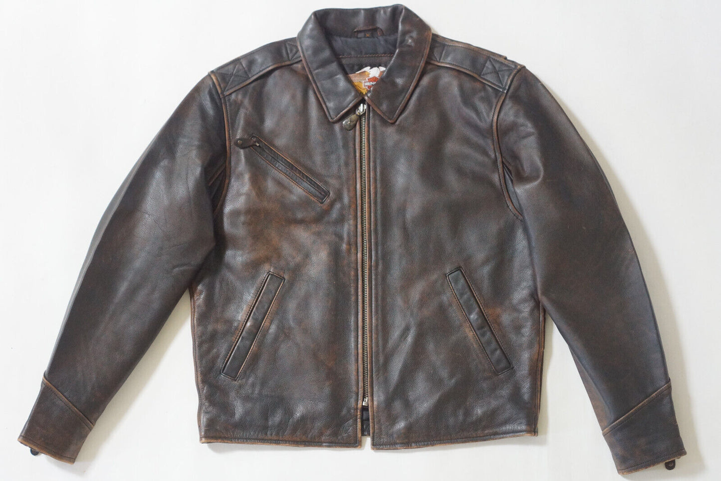 Harley Davidson Men's Rare Brown Distressed Embossed Leather Vintage 90's Jacket Size Medium