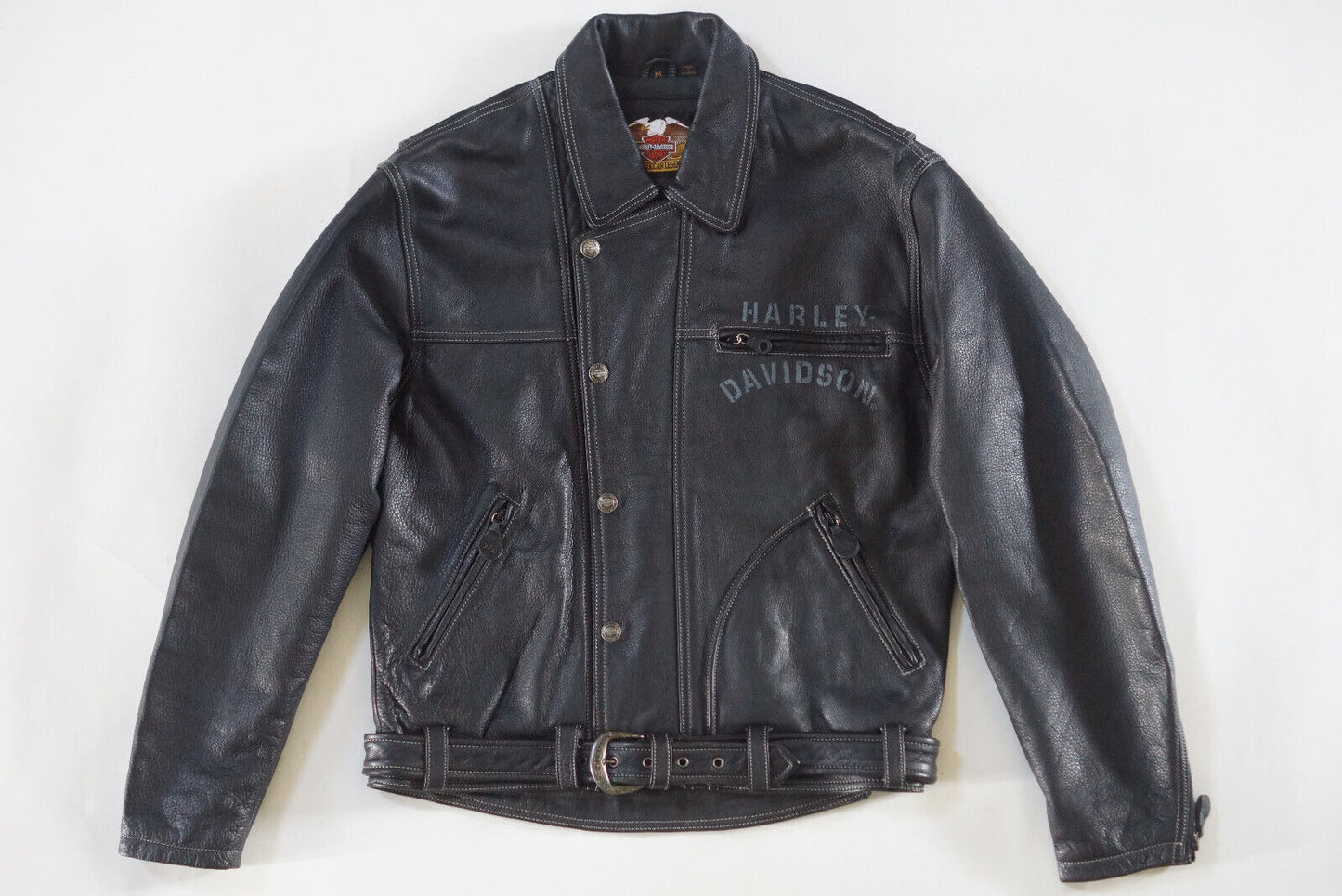 Harley Davidson Men's Vintage 90's Embossed Bike Motorcycle Black Leather Jacket Size Medium