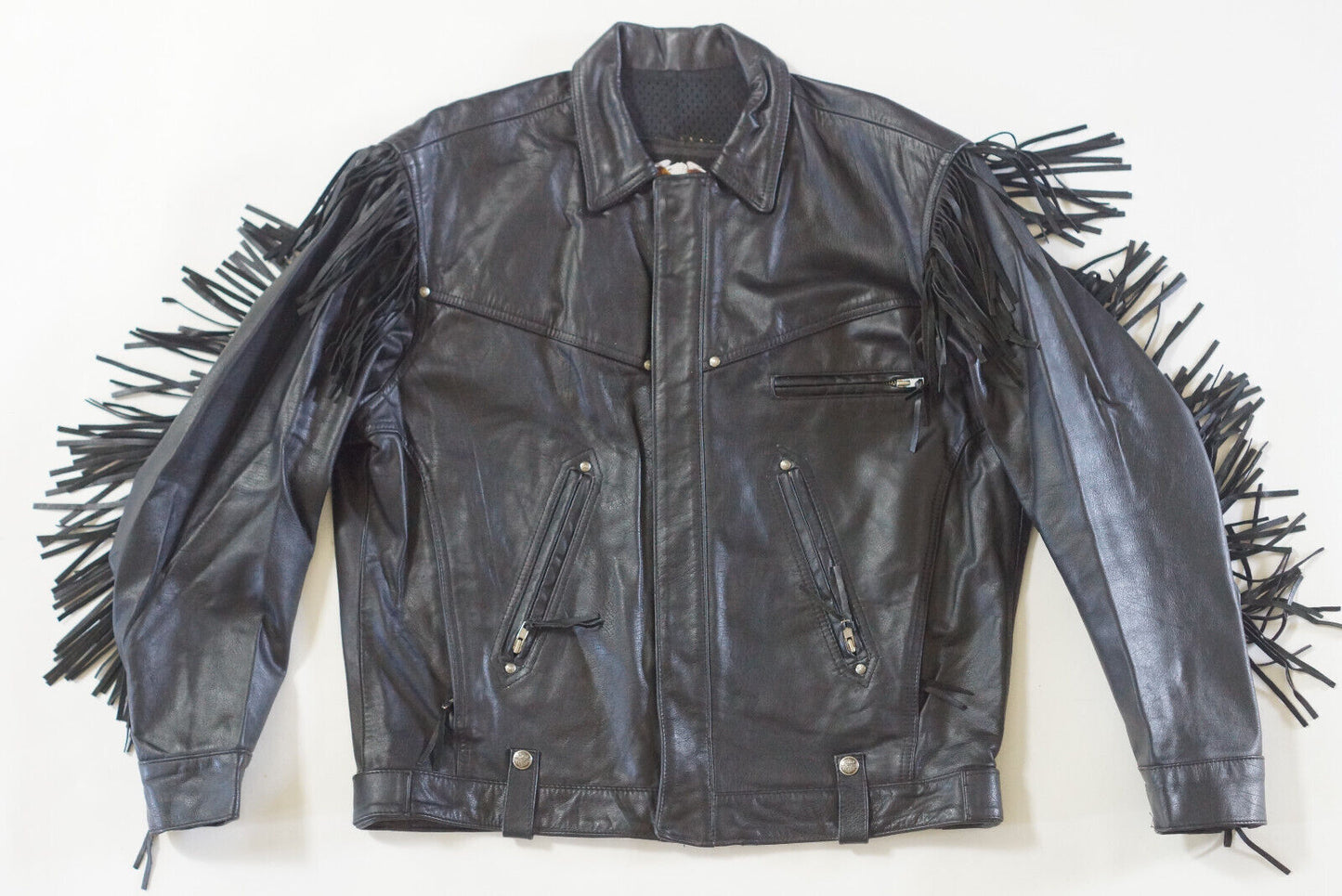 Harley Davidson Men's Made in USA Vintage Fringed Winged B&S Black Leather Jacket size Large