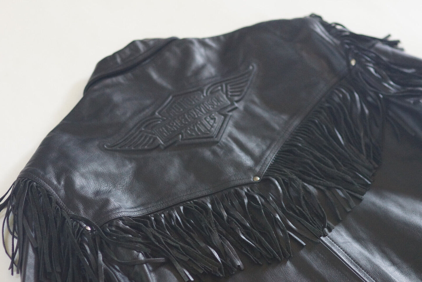 Harley Davidson Men's Made in USA Vintage Fringed Winged B&S Black Leather Jacket size Large