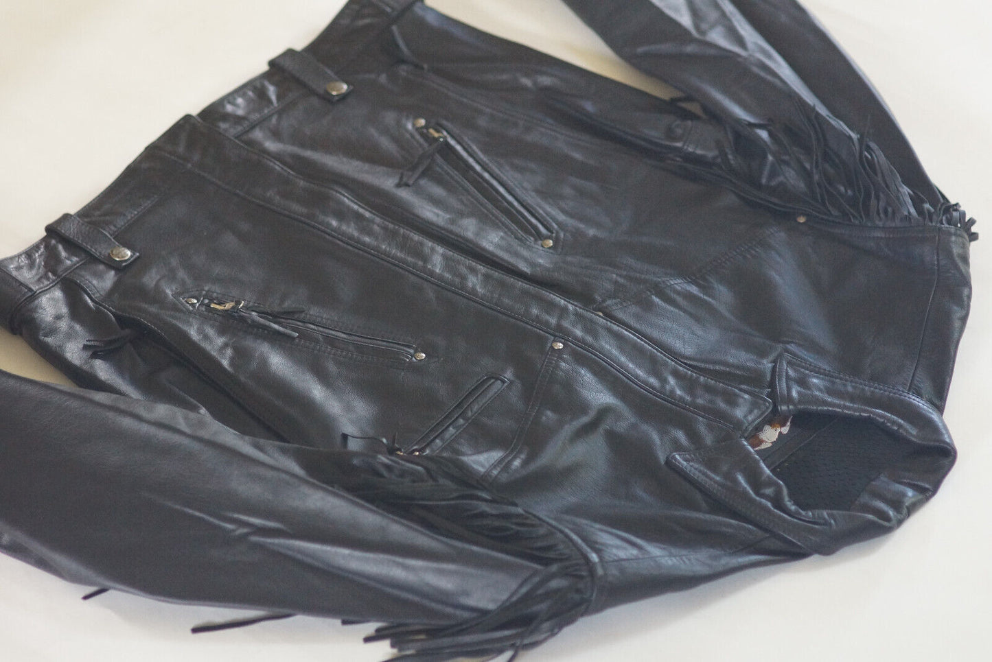 Harley Davidson Men's Made in USA Vintage Fringed Winged B&S Black Leather Jacket size Large