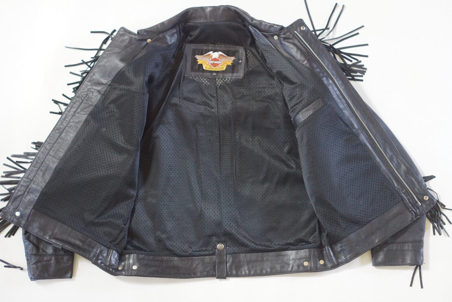 Harley Davidson Men's Made in USA Vintage Fringed Winged B&S Black Leather Jacket size Large