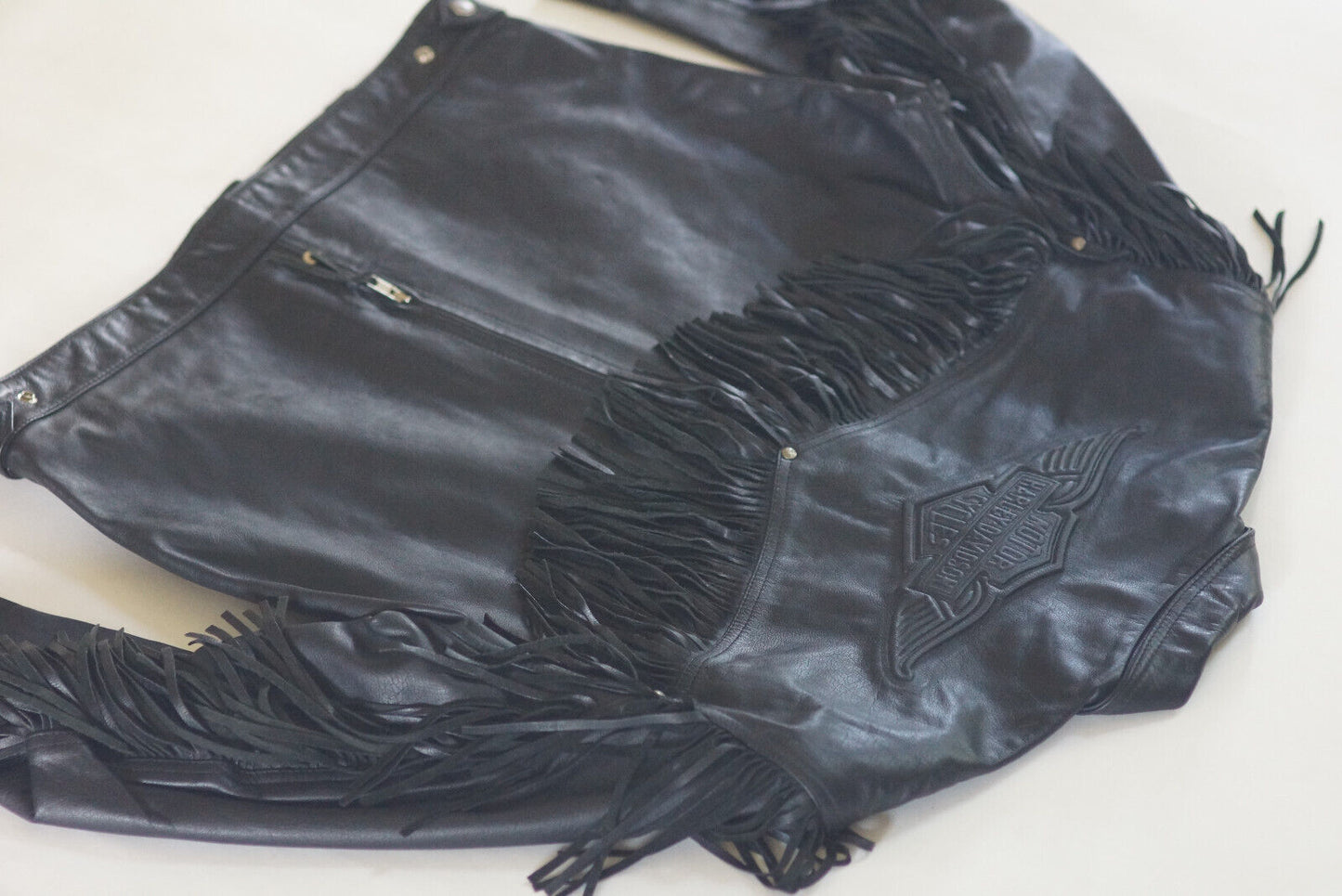 Harley Davidson Men's Made in USA Vintage Fringed Winged B&S Black Leather Jacket size Large