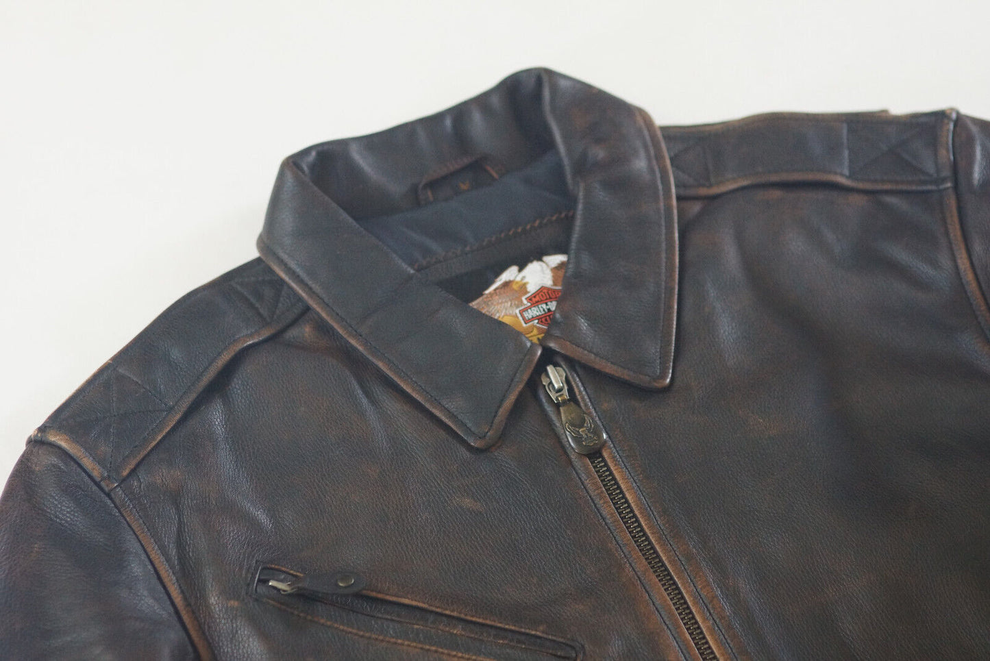 Harley Davidson Men's Rare Brown Distressed Embossed Leather Vintage 90's Jacket Size Medium