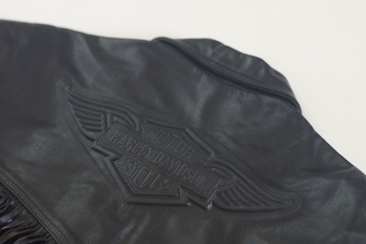 Harley Davidson Men's Made in USA Vintage Fringed Winged B&S Black Leather Jacket size Large