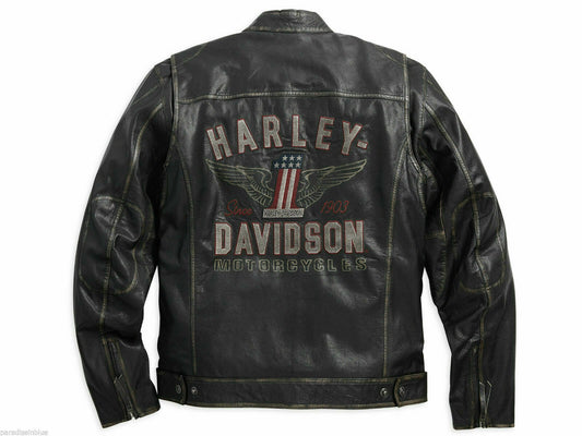 Harley Davidson Men's LONGWAY Winged #1 Vintage Black Leather Jacket 98089-15VM