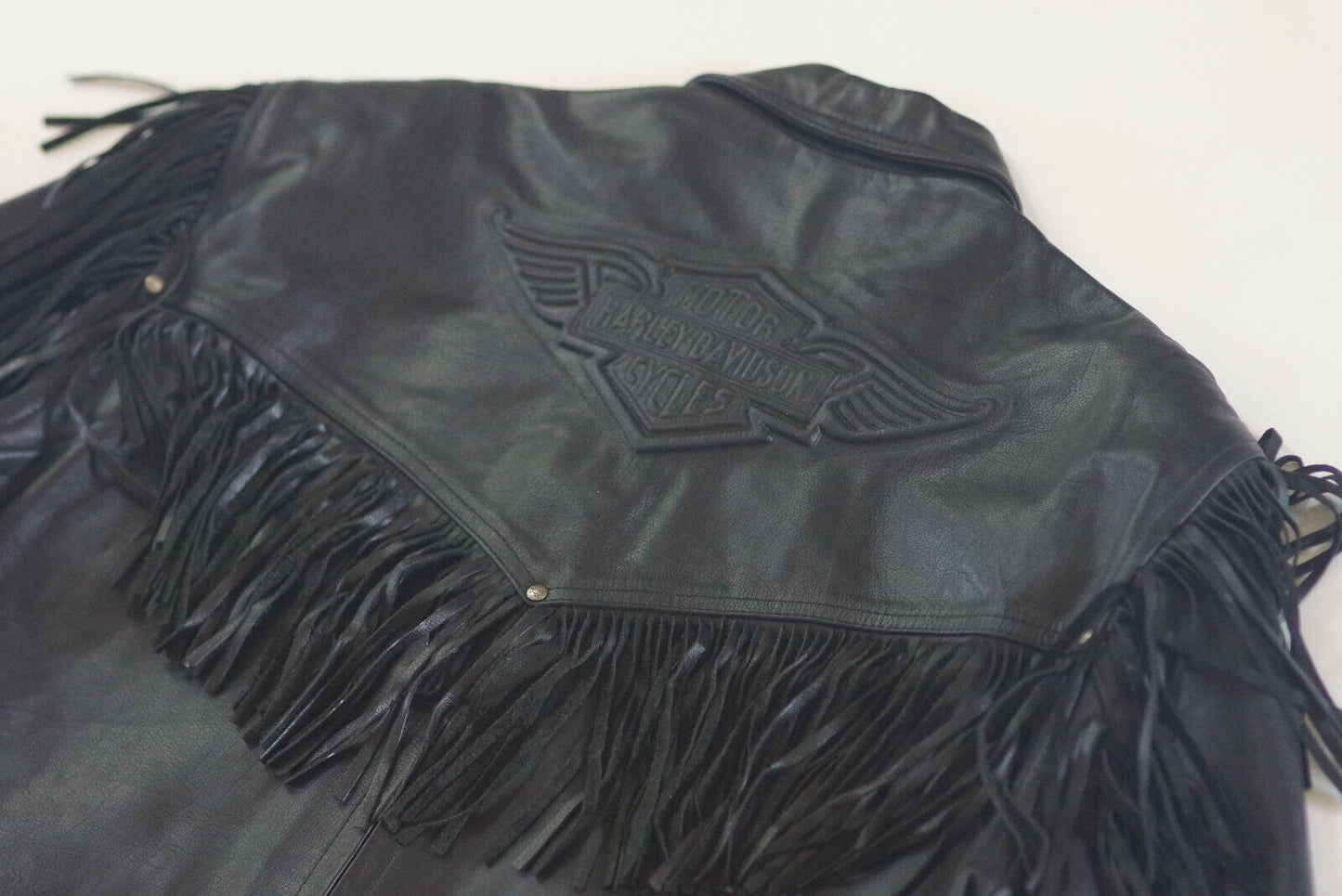 Harley Davidson Men's Made in USA Vintage Fringed Winged B&S Black Leather Jacket size Large