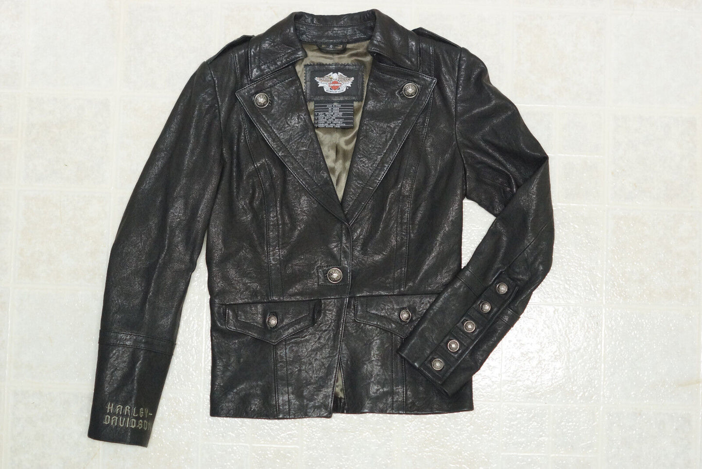 Harley Davidson Women's Black Deluxe Blazer Leather Jacket Military Size Small 97104-09VW