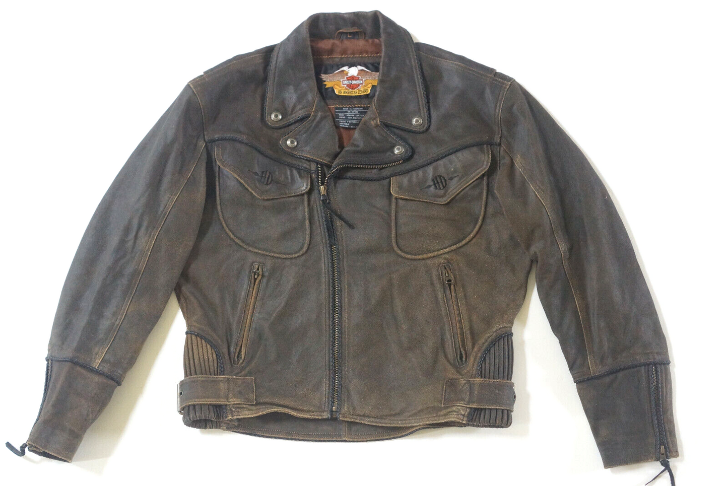 Harley Davidson Men's Billings Distressed Brown Leather Jacket Winged HD Logo Size Large