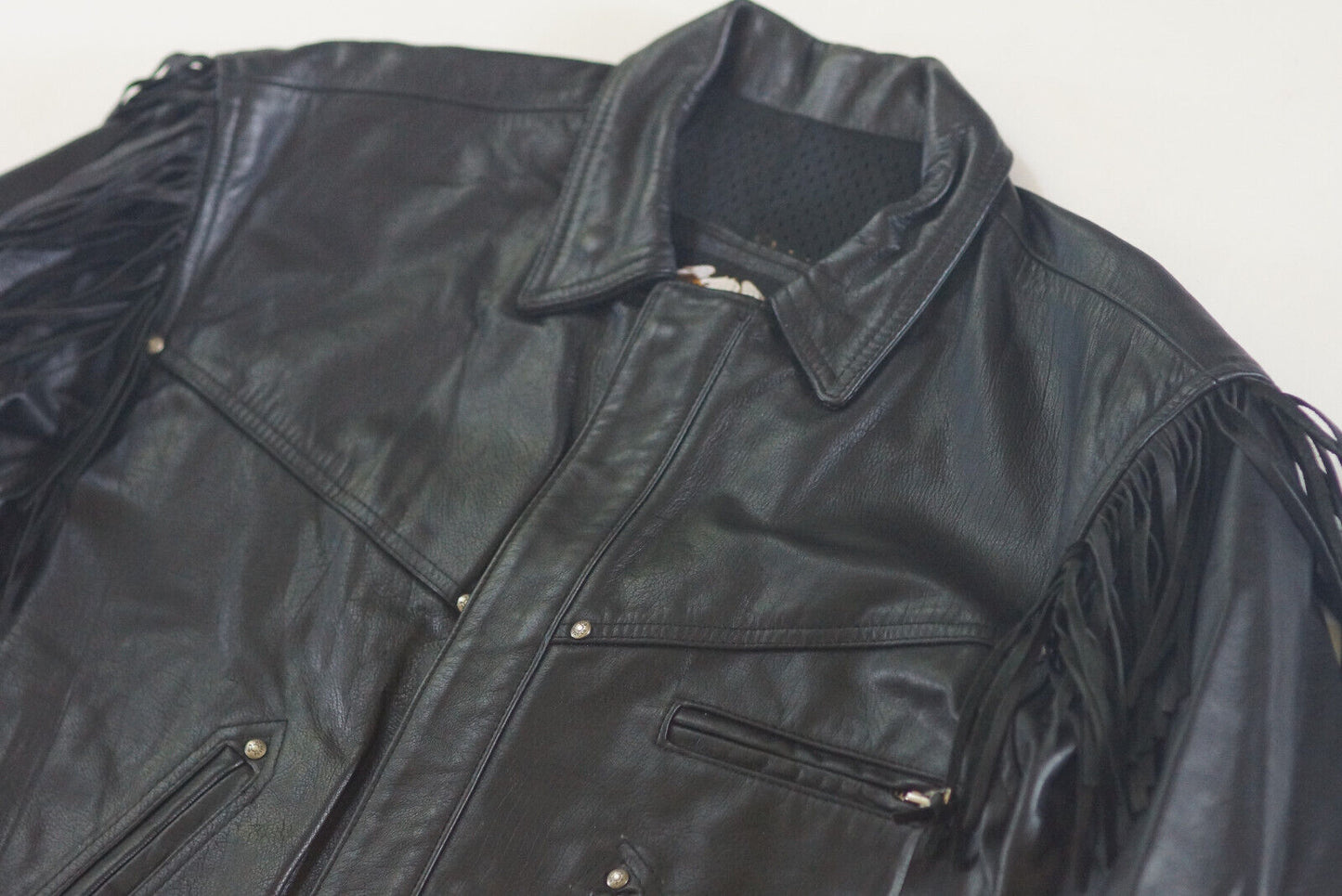 Harley Davidson Men's Made in USA Vintage Fringed Winged B&S Black Leather Jacket size Large