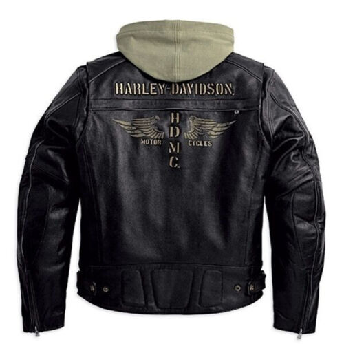 Harley Davidson Men's Trek Winged HDMC Black Leather Jacket with Hoodie 3-in-1 97193-10VM