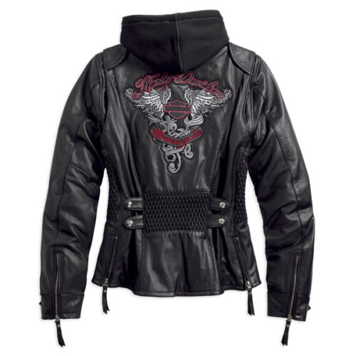 Harley Davidson Women's AMELIA B&S Wings Black Leather Jacket Hoodie 3-in-1 97189-14VW