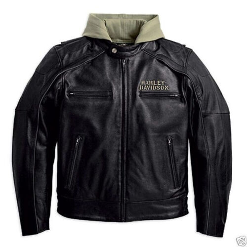 Harley Davidson Men's Trek Winged HDMC Black Leather Jacket with Hoodie 3-in-1 97193-10VM