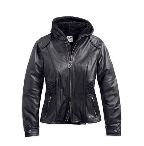 Harley Davidson Women's AMELIA B&S Wings Black Leather Jacket Hoodie 3-in-1 97189-14VW