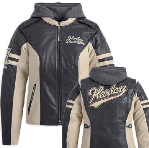 Harley Davidson Women's DUNDEE Off-White Leather Jacket with Hoodie 3-in-1 97177-14VW